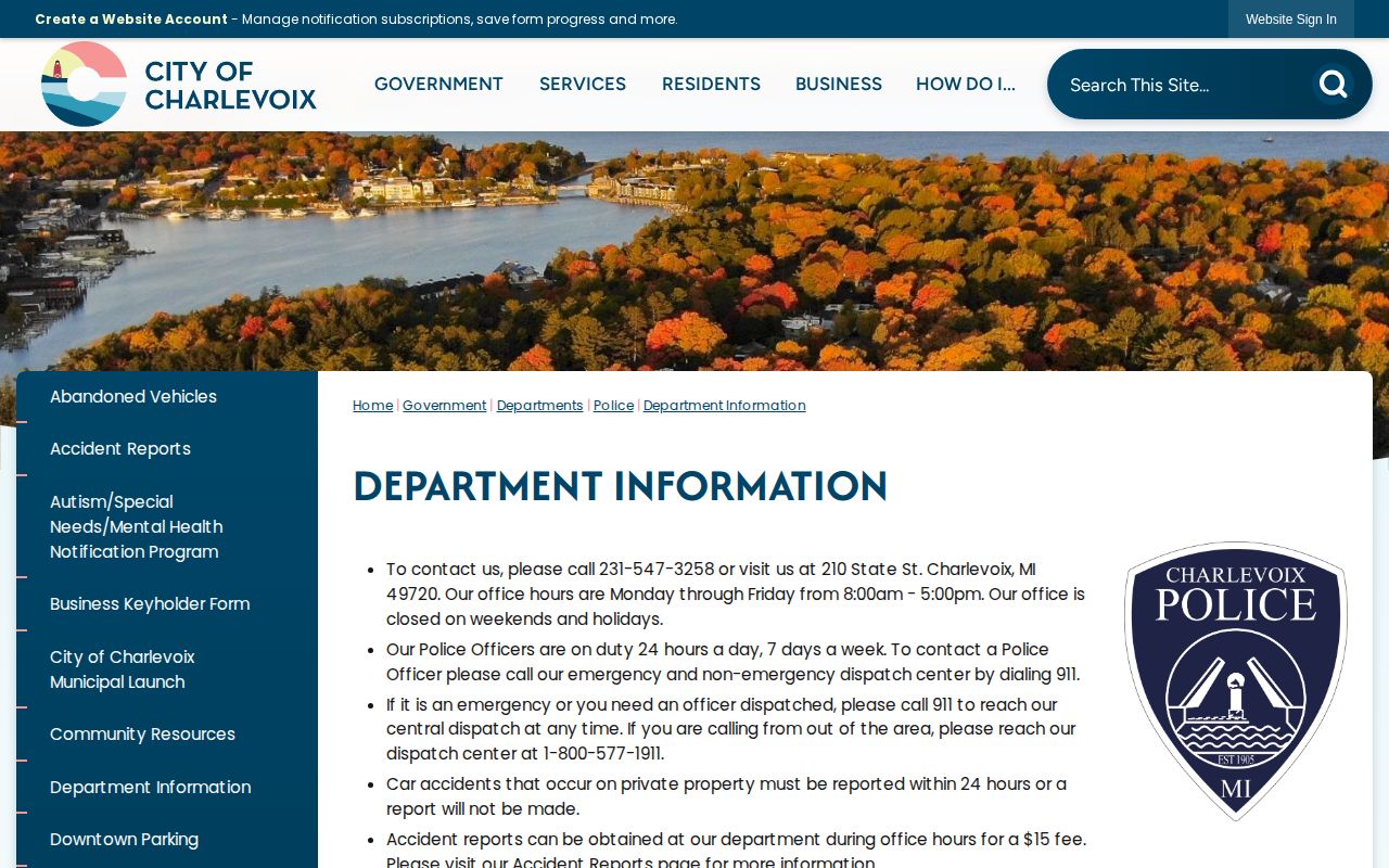 Charlevoix Police Department information and county jail booking route