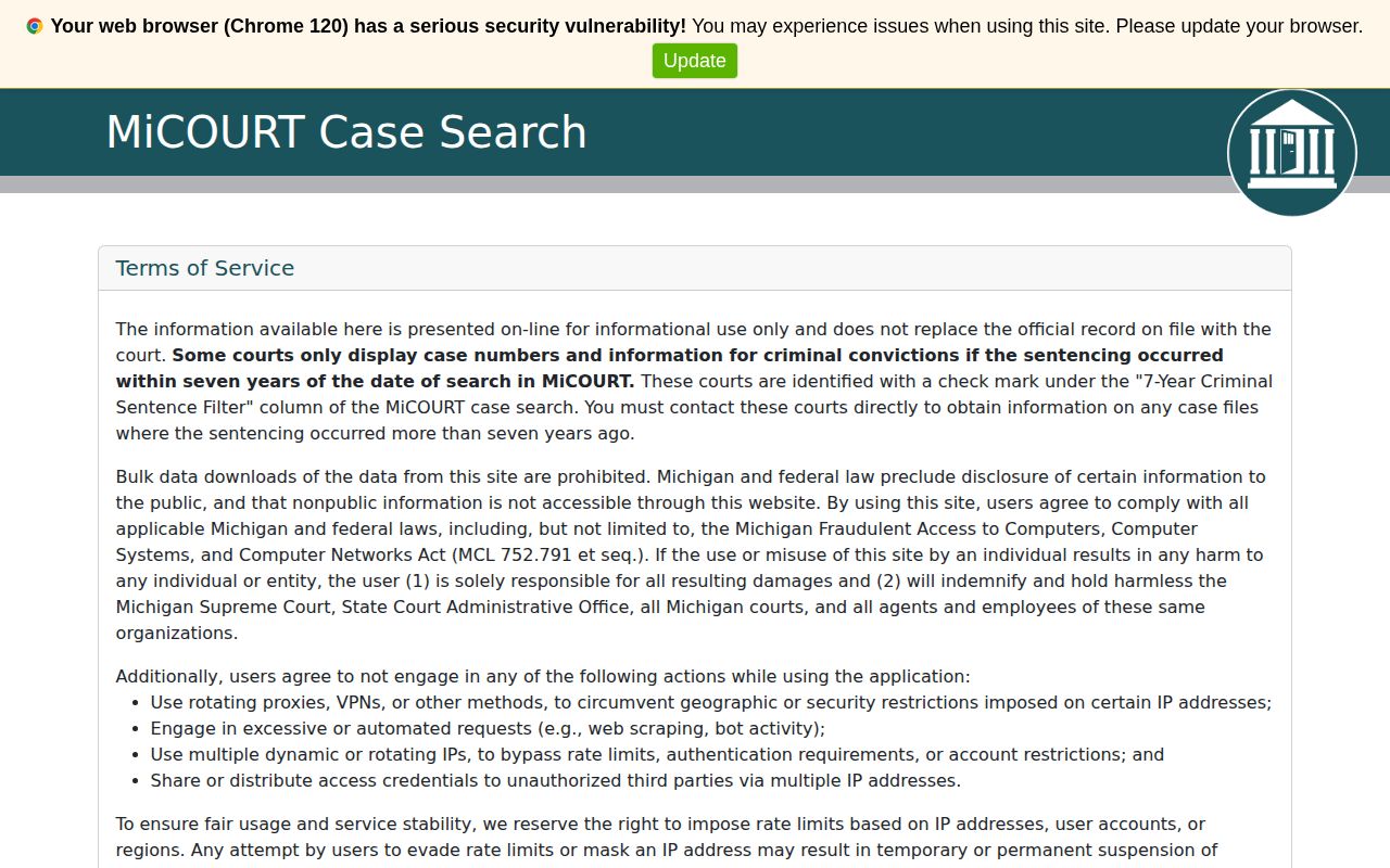 Official MiCOURT case search interface for checking Charlevoix County court records